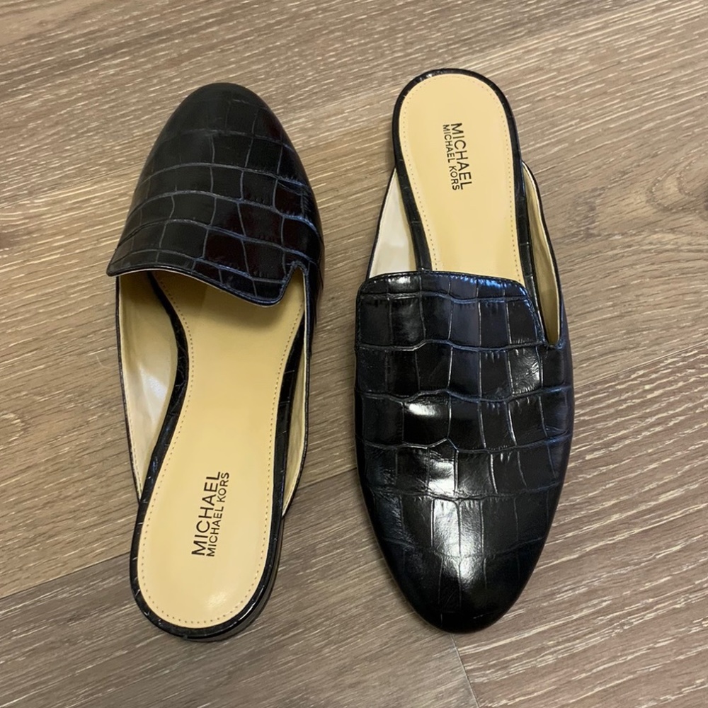 Michael Kors Black Croc Pattern Leather Mules